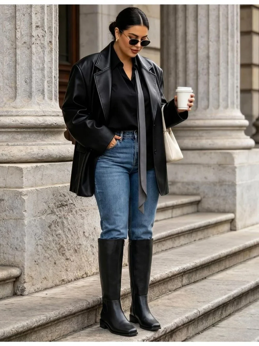 Women's Black Wide Calf Faux Leather Square Toe Knee High With Side Zipper Boot